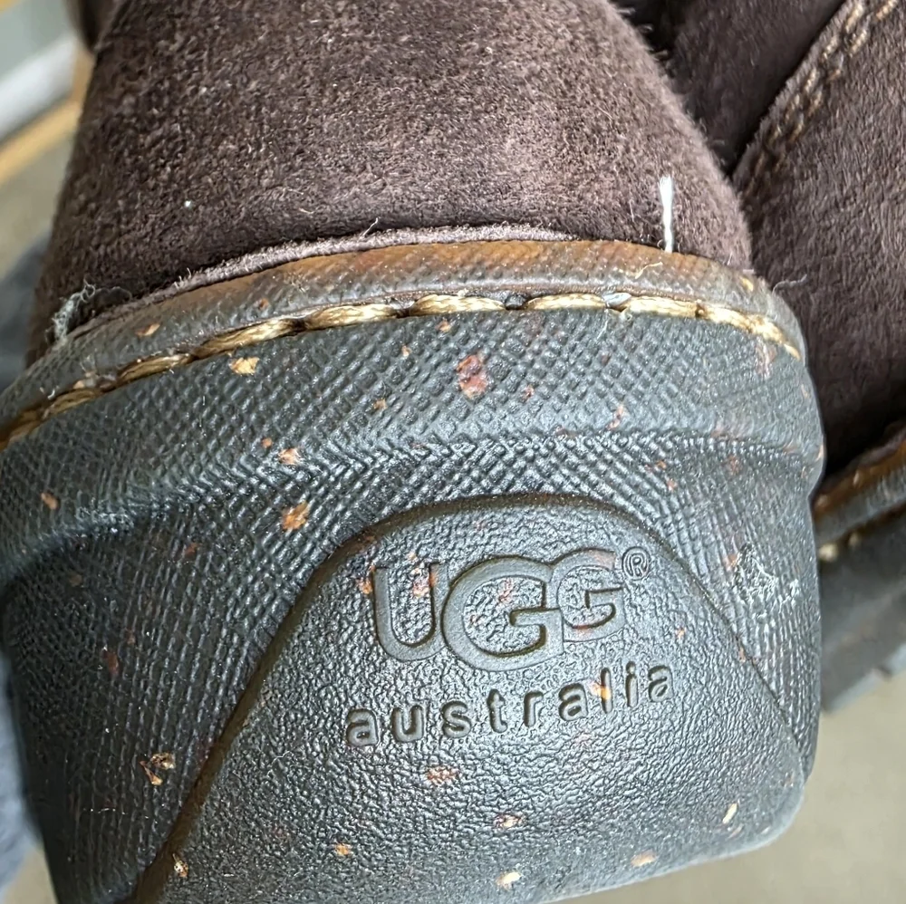 UGG Australia Mid-Calf Brown Suede Boots Shearling Trim Leather Lace-Up 7US/38EU